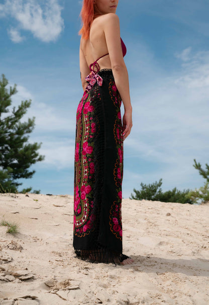 Wrap skirt with floral motifs and fringe
