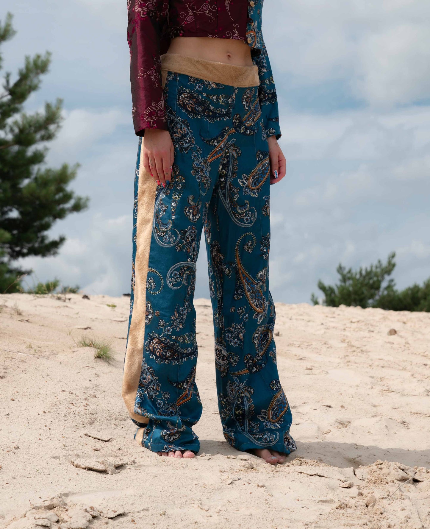 Paisley trousers with fur insert