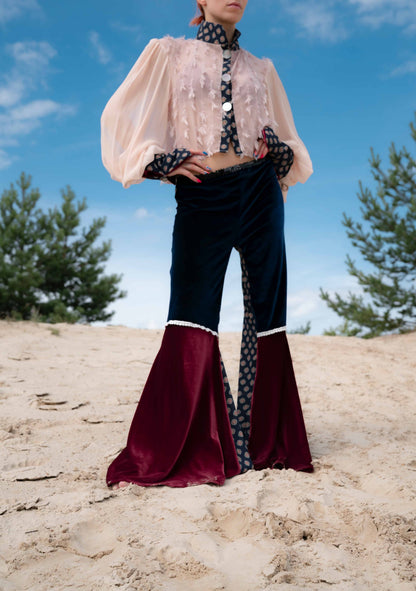 flared trousers with velvet inserts and ornamental patterns