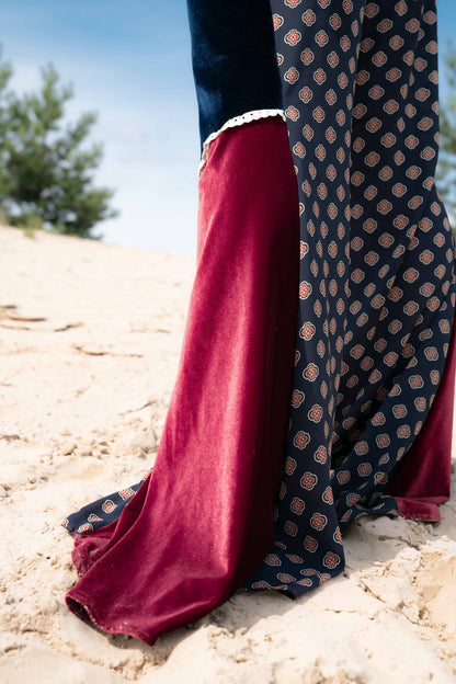 flared trousers with velvet inserts and ornamental patterns