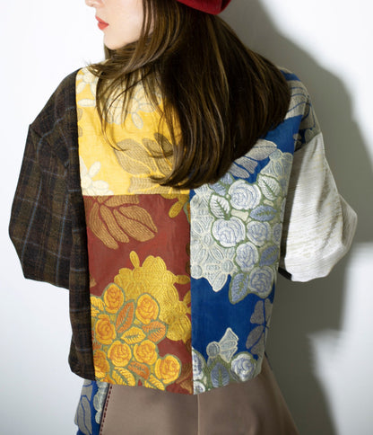 Unisex jacquard patchwork jacket with floral embroidery pattern