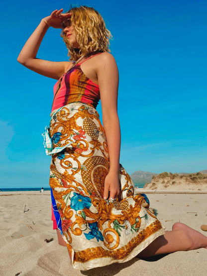 Silk wrap skirt with floral ornaments